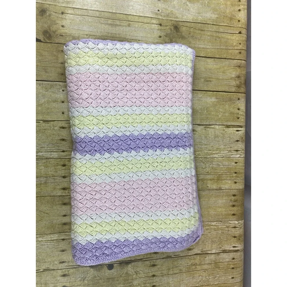 Handmade‎ Knit Pink Purple Yellow Blanket 55